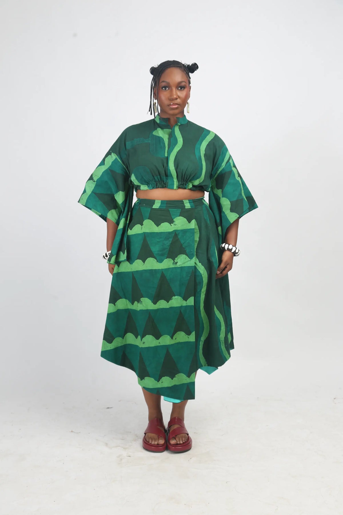 dark green and lemon multicolor iro midi skirt