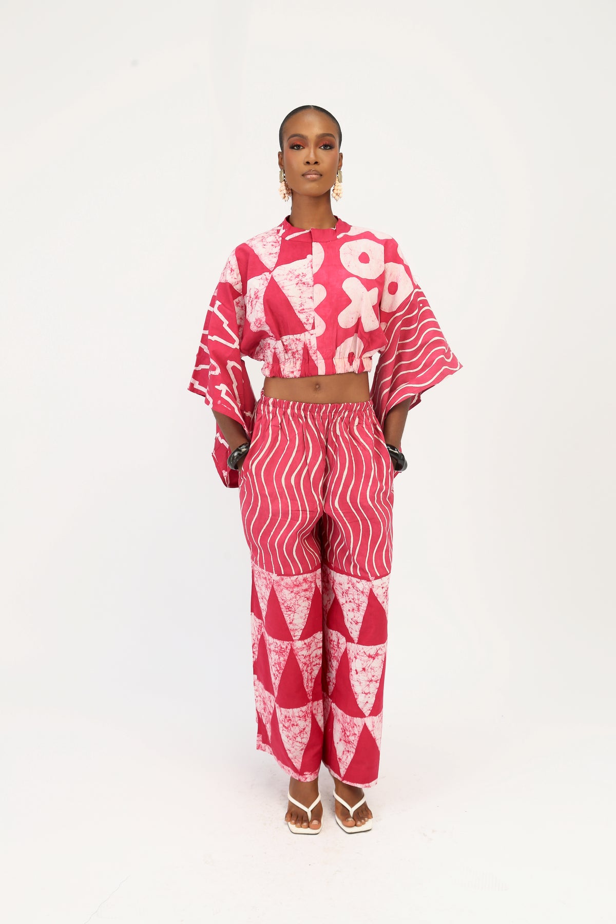 pink and white multiprint crop top with sleeves