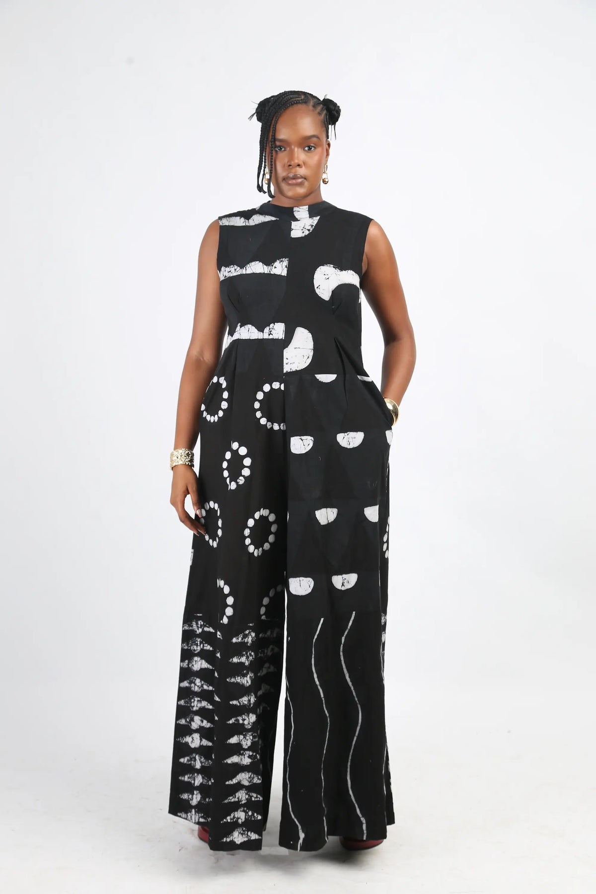 white and black multiprint jumpsuit