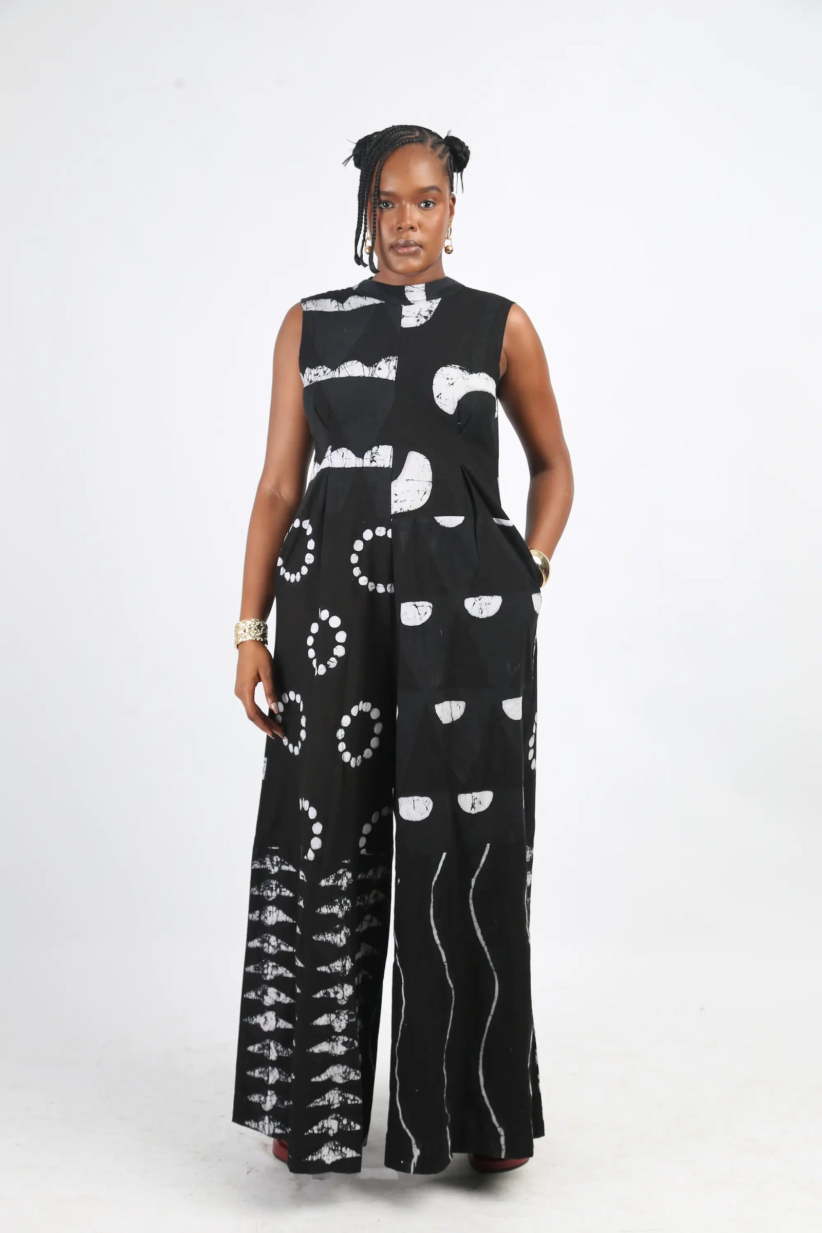 white and black multiprint jumpsuit