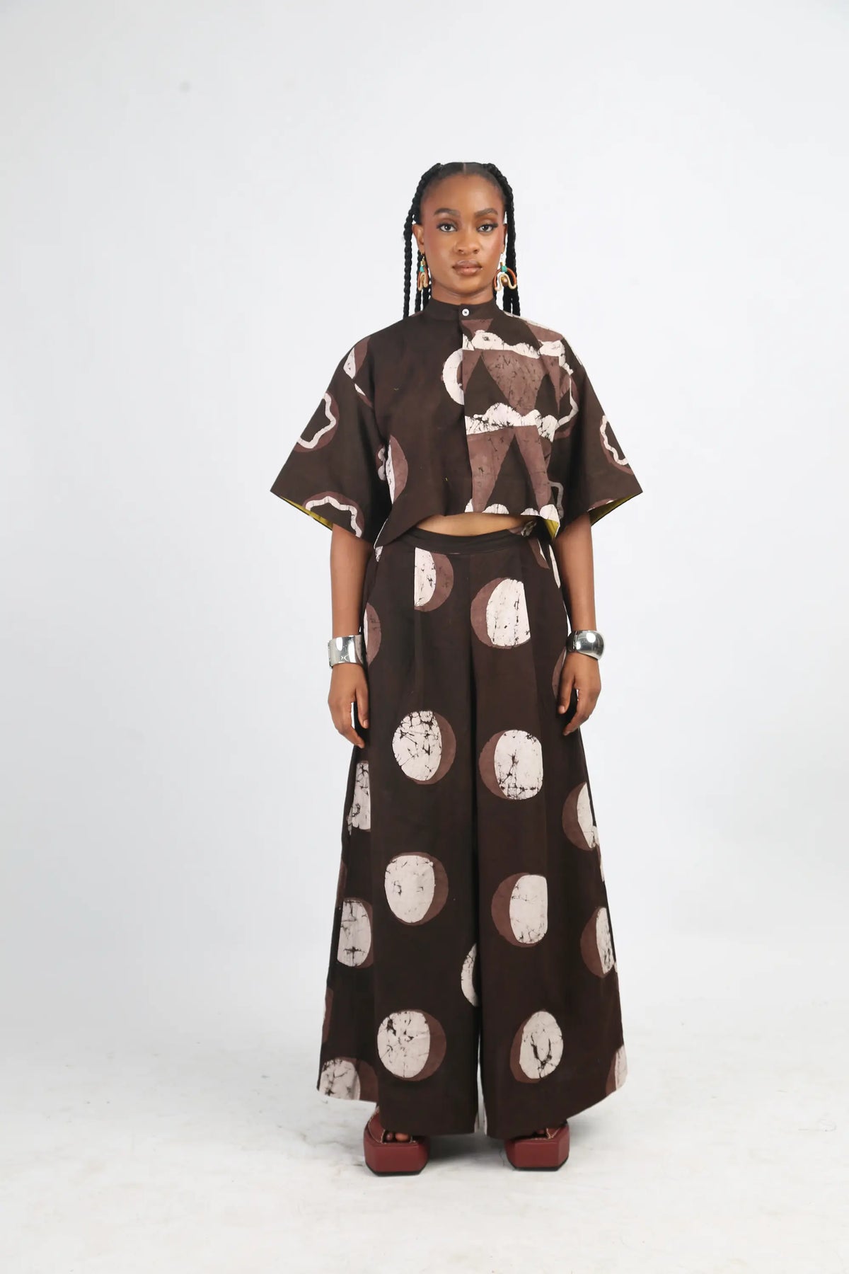 white and brown multiprint crop shirt