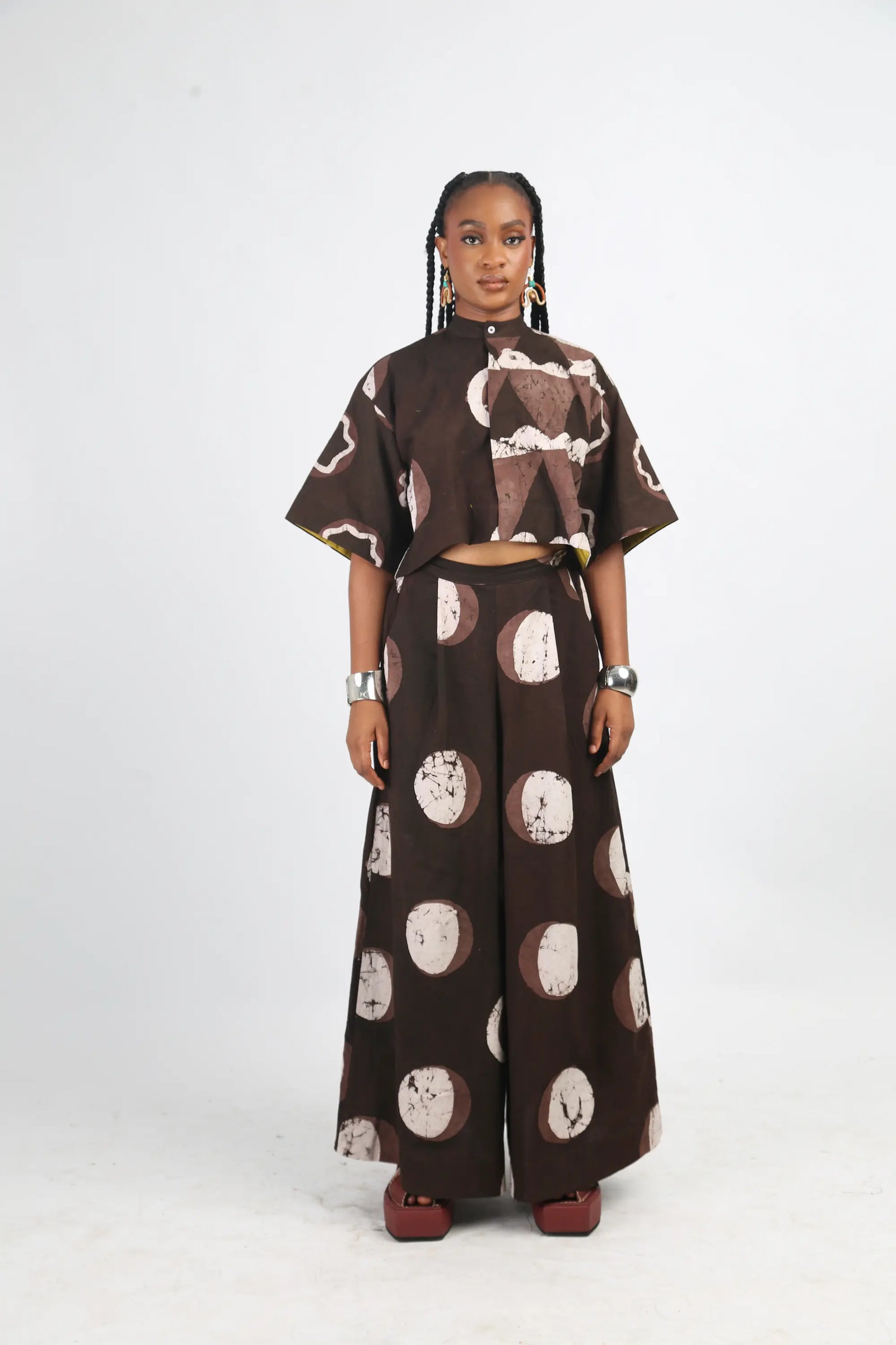 white and brown multiprint crop shirt