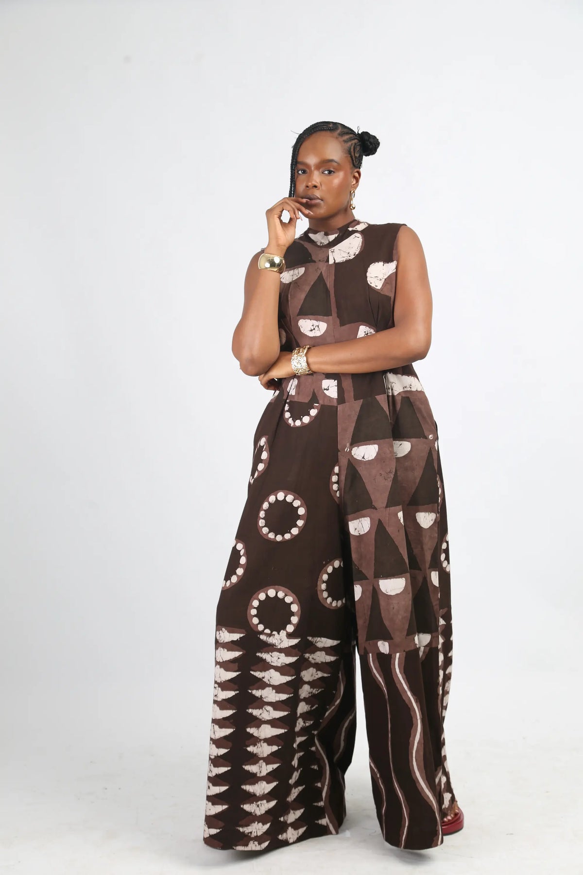 white and brown multiprint jumpsuit