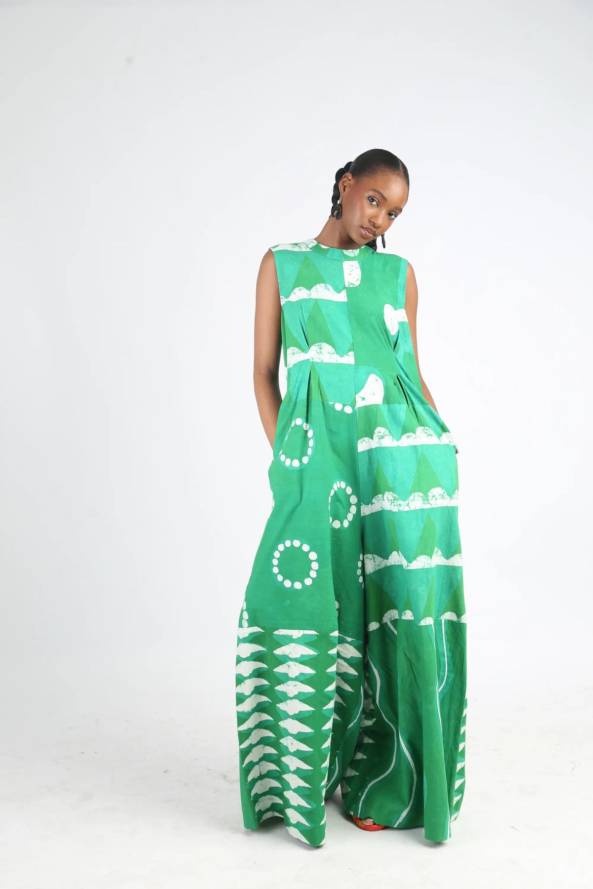 white and green multiprint jumpsuit