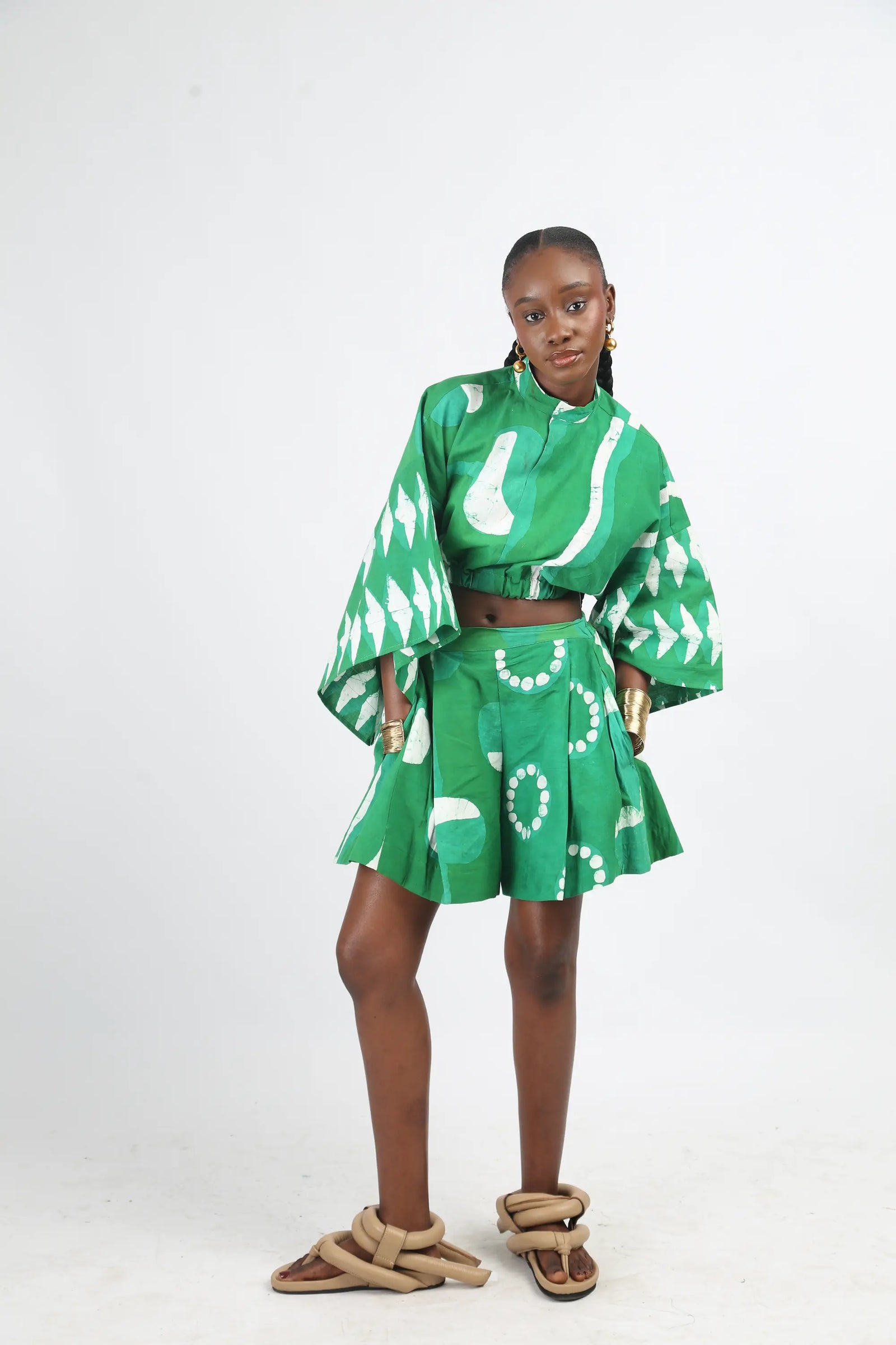 white and green multiprint wide leg shorts
