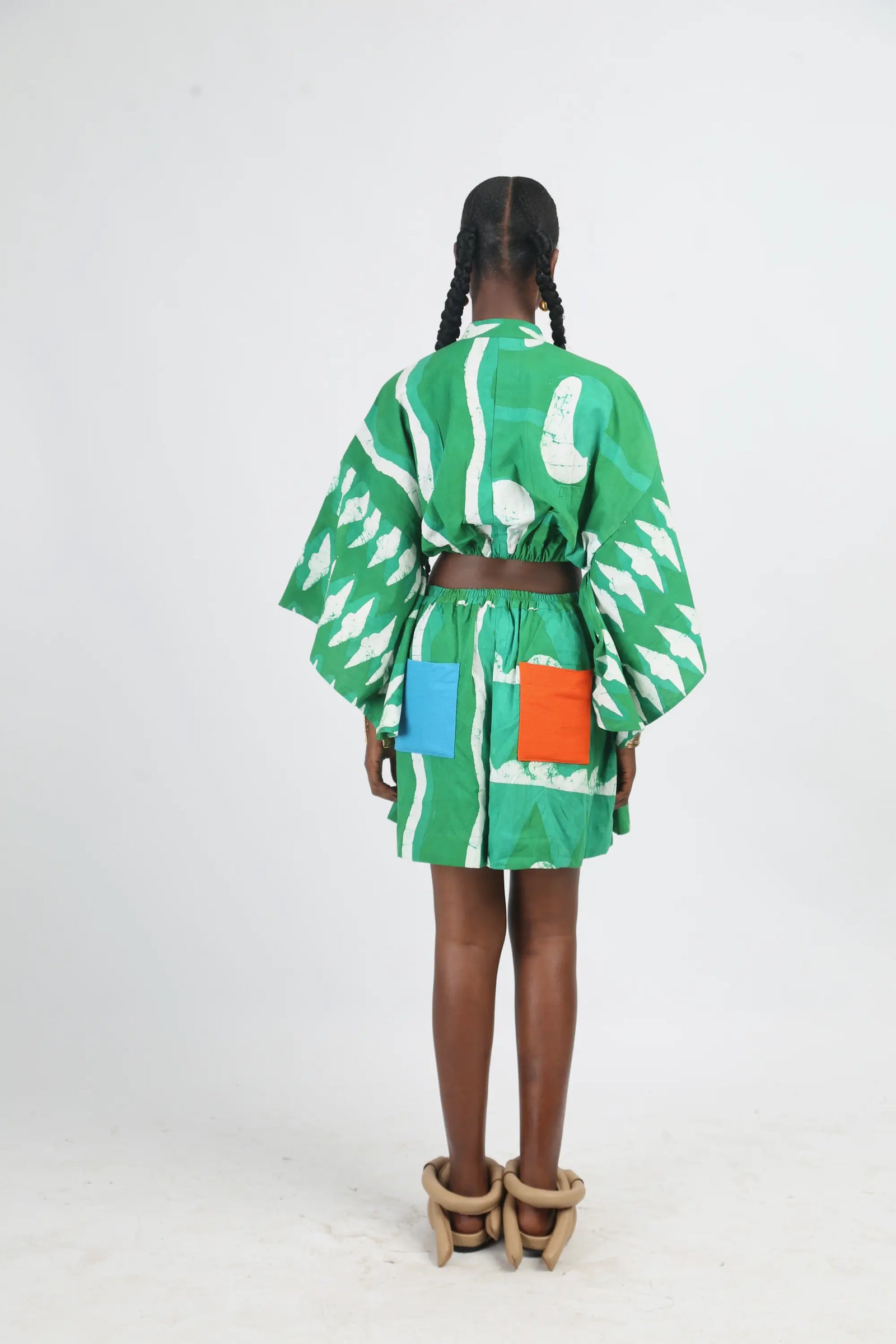 white and green multiprint wide leg shorts