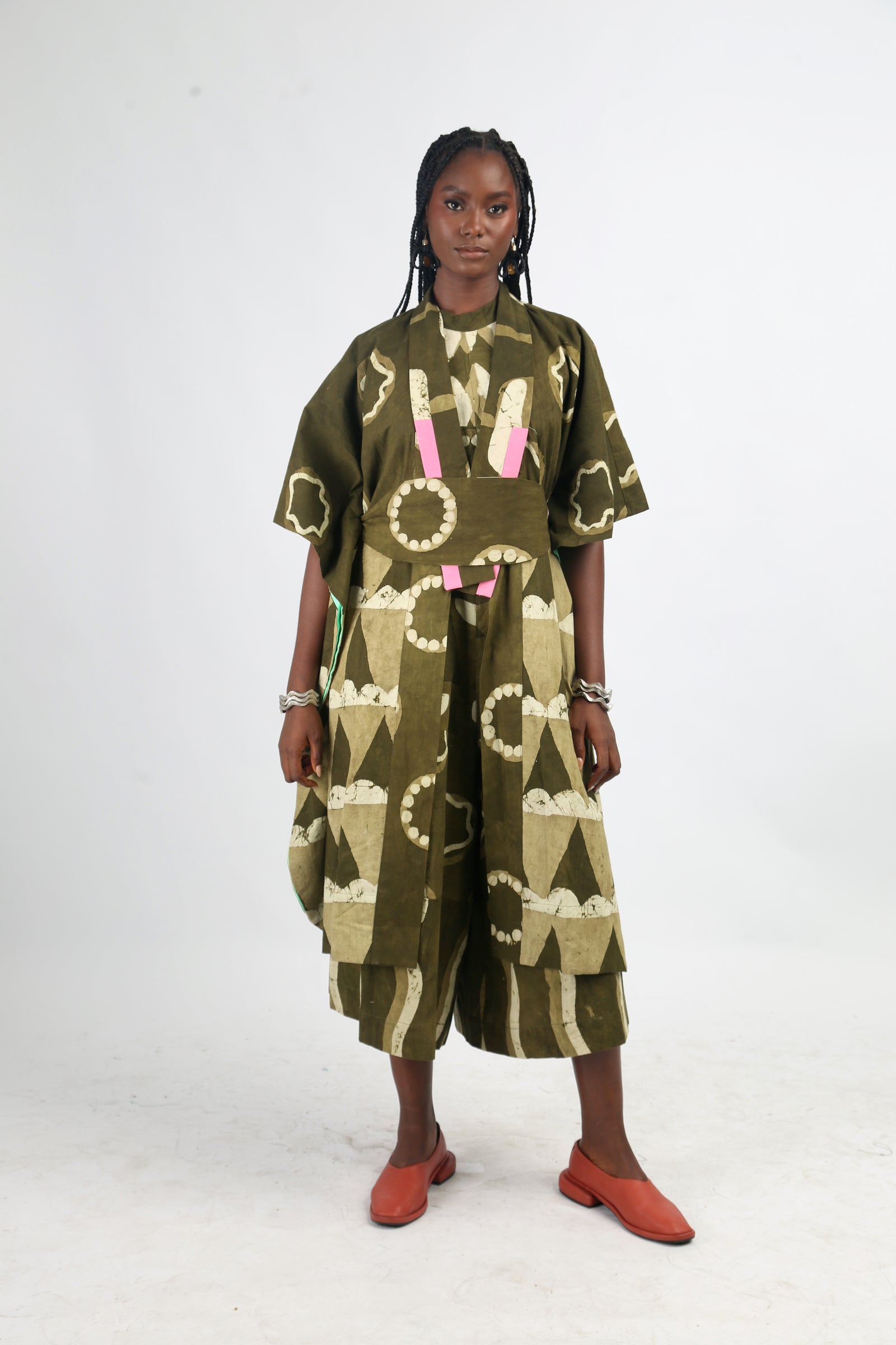 white and khaki multiprint kimono