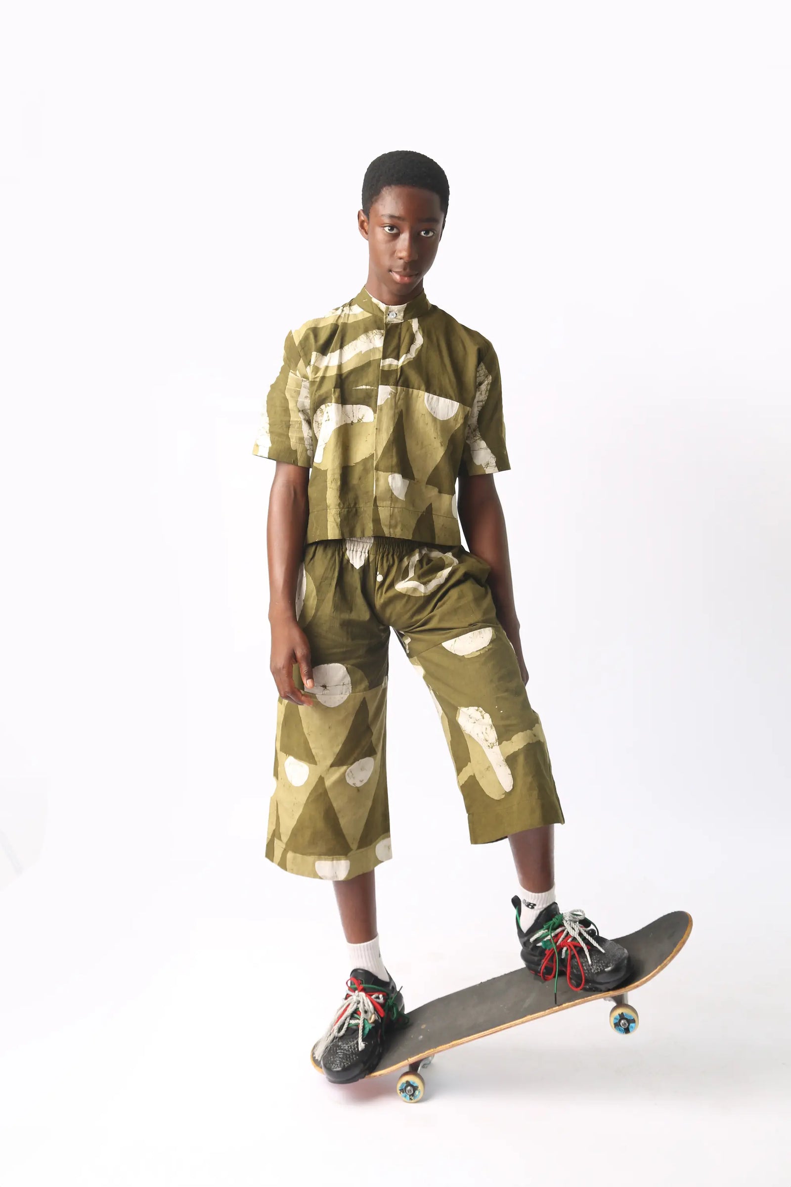 white and khaki multiprint culottes