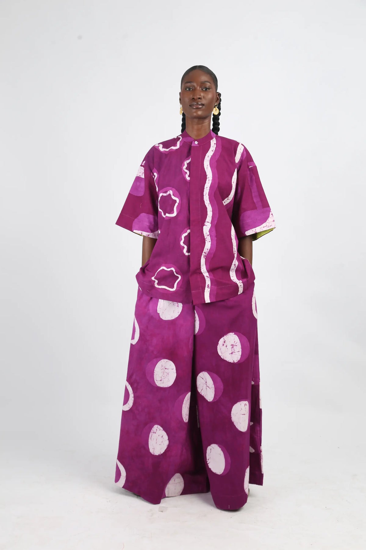 white and magenta multiprint wide leg pants