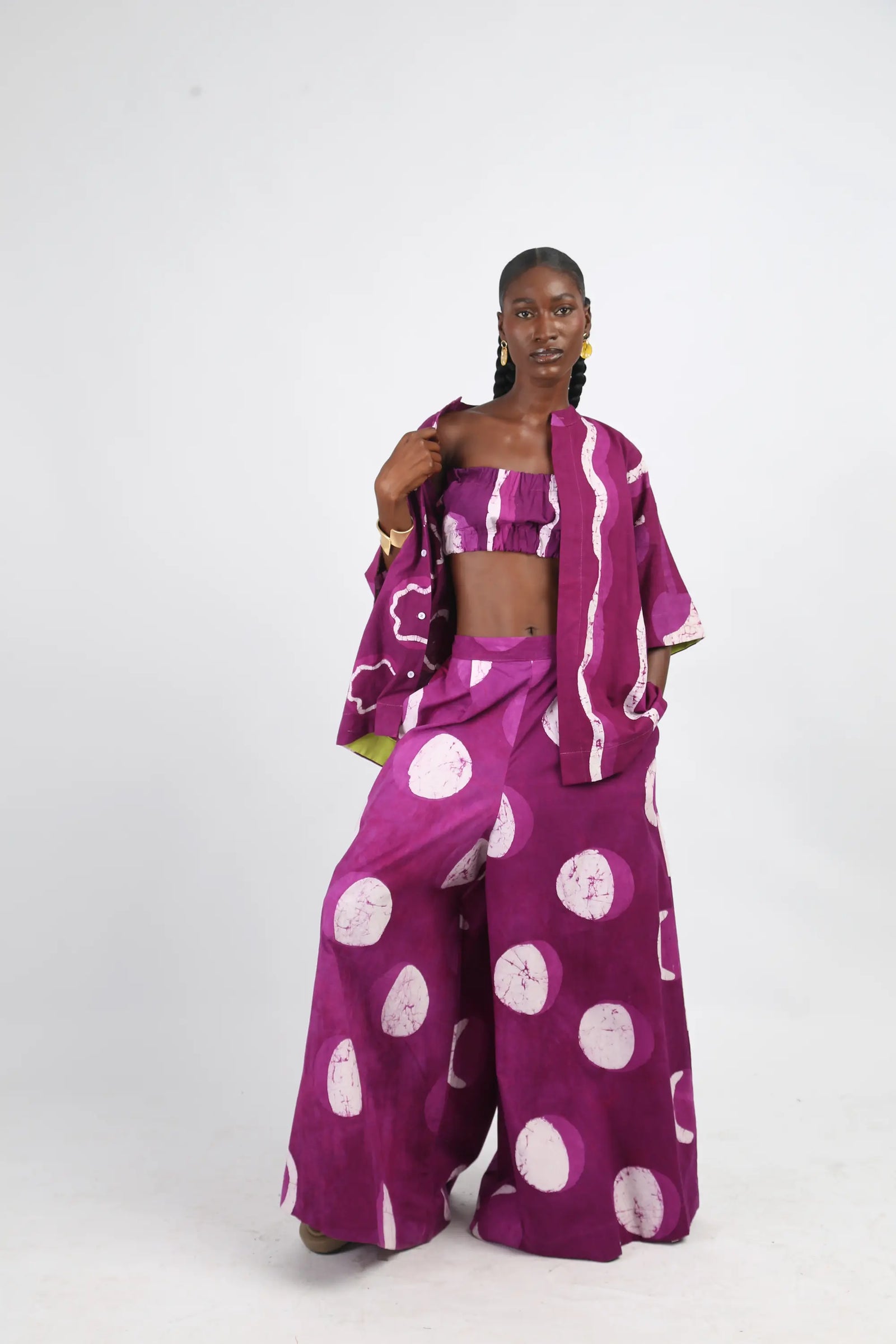 white and magenta multiprint wide leg pants