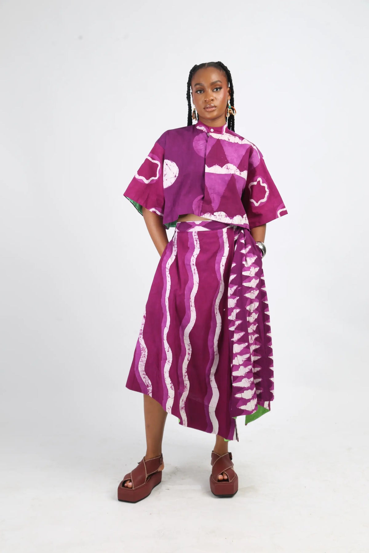 white and magenta multiprit midi iro skirt