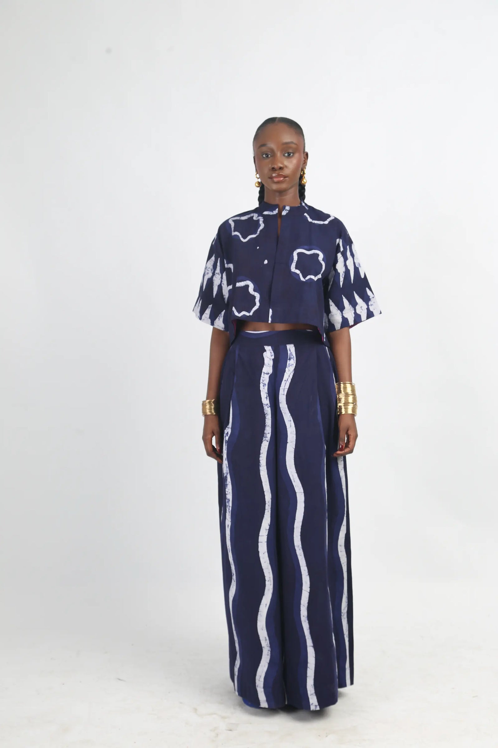 white and navy blue multiprint crop shirt