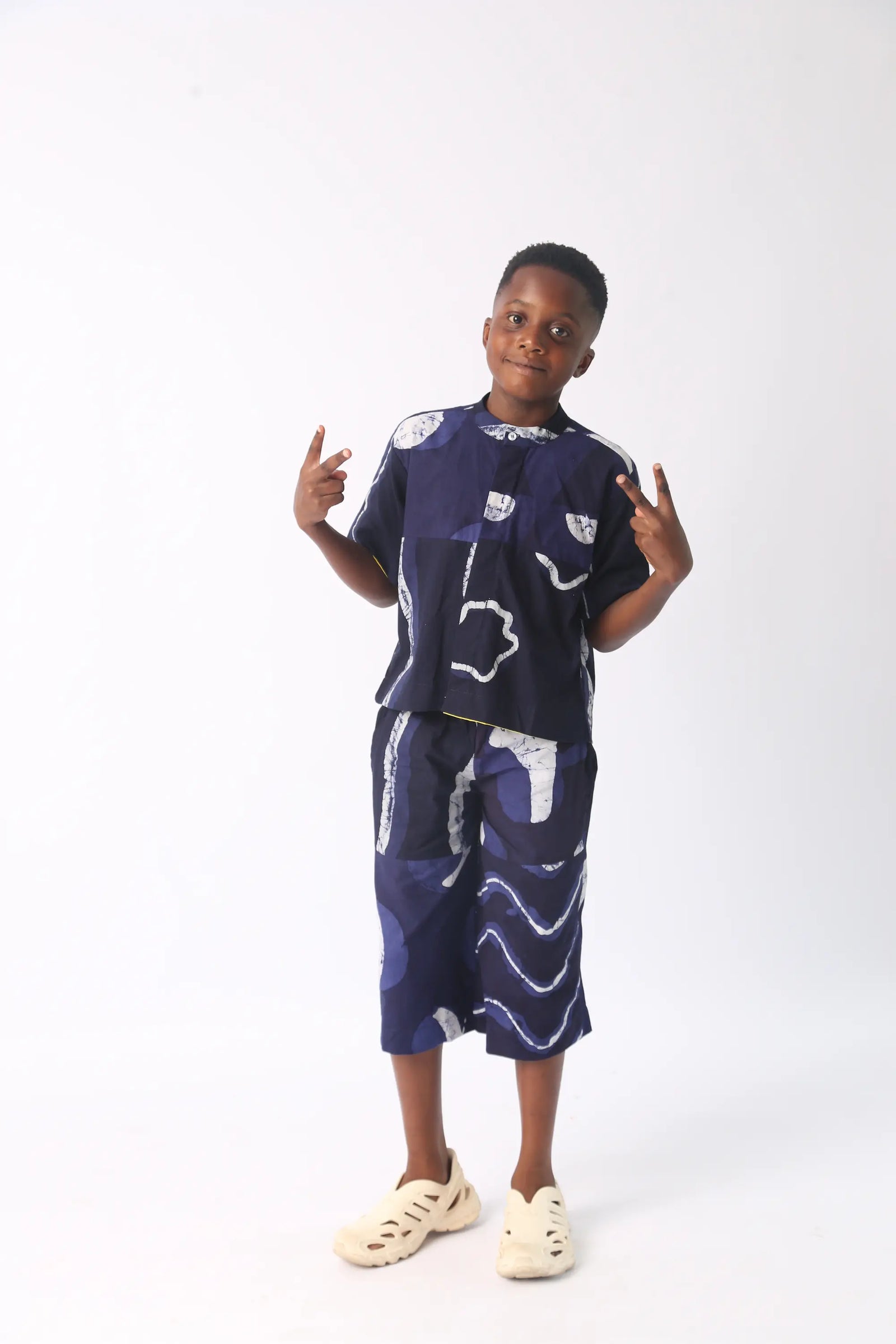 white and navy blue multiprint shirt
