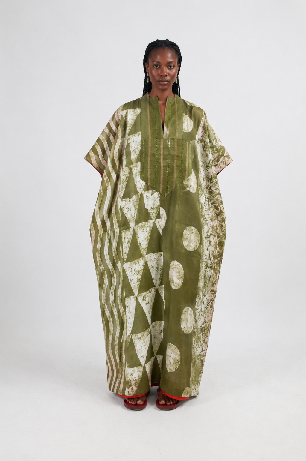 white and olive multiprint chiffon agbada with olive asooke
