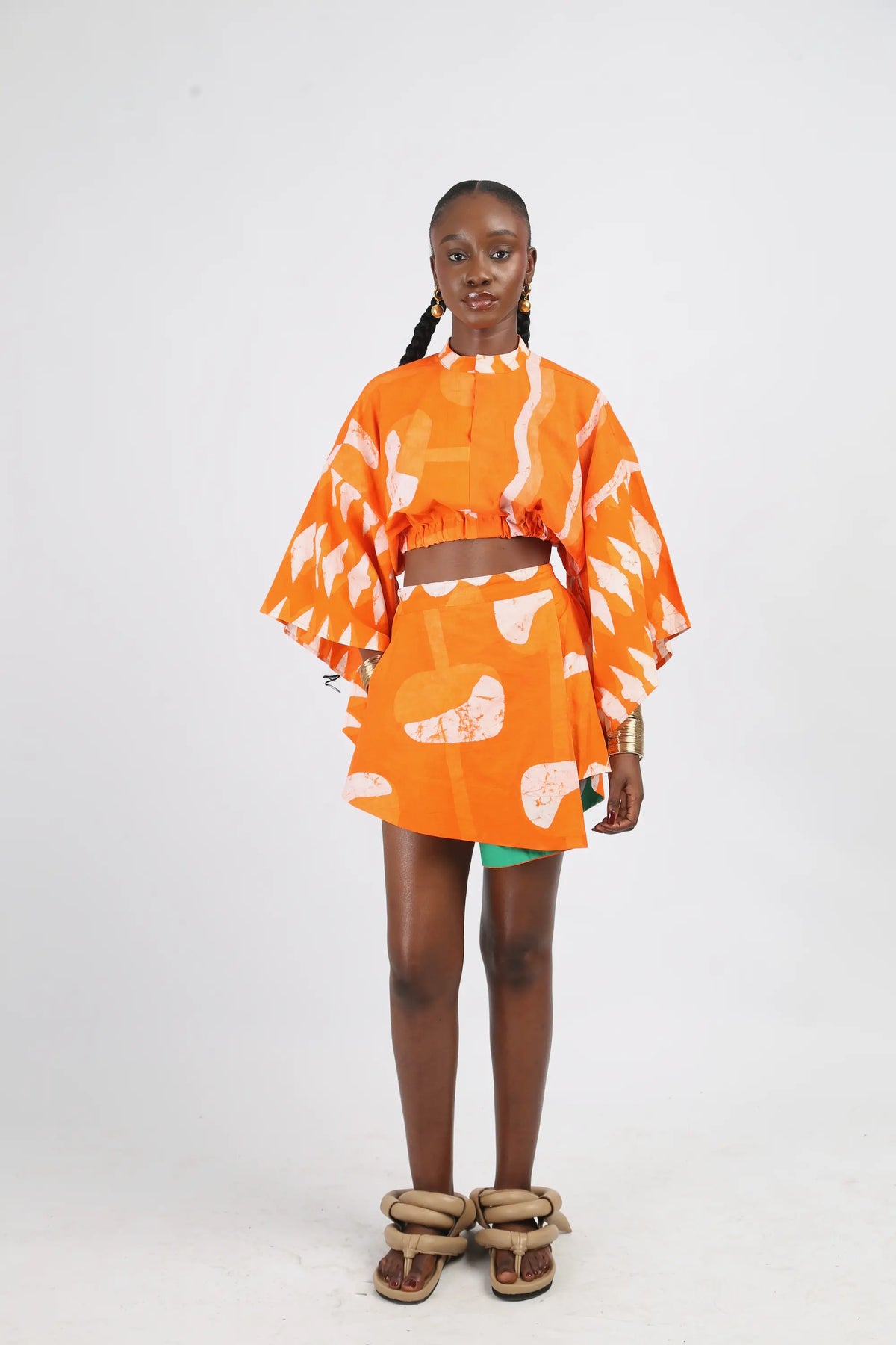 white and tangerine multiprint crop top with sleeves