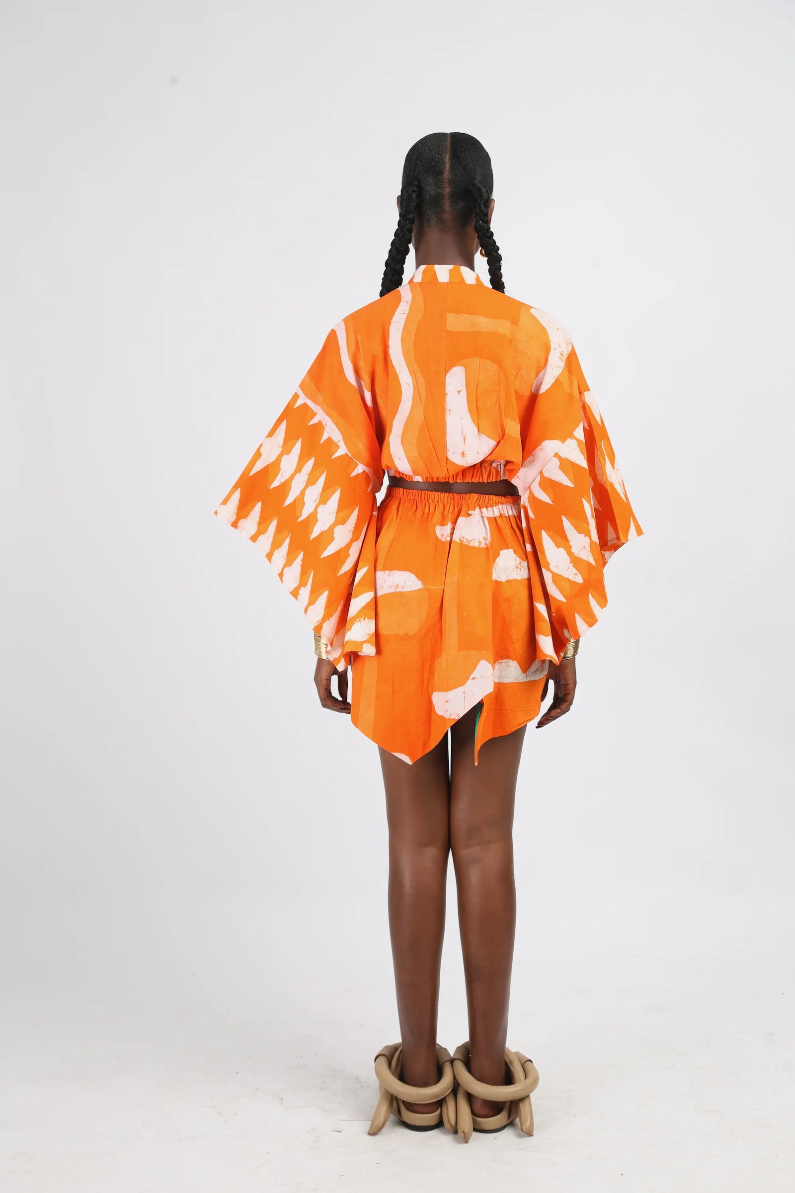 white and tangerine multiprint crop top with sleeves