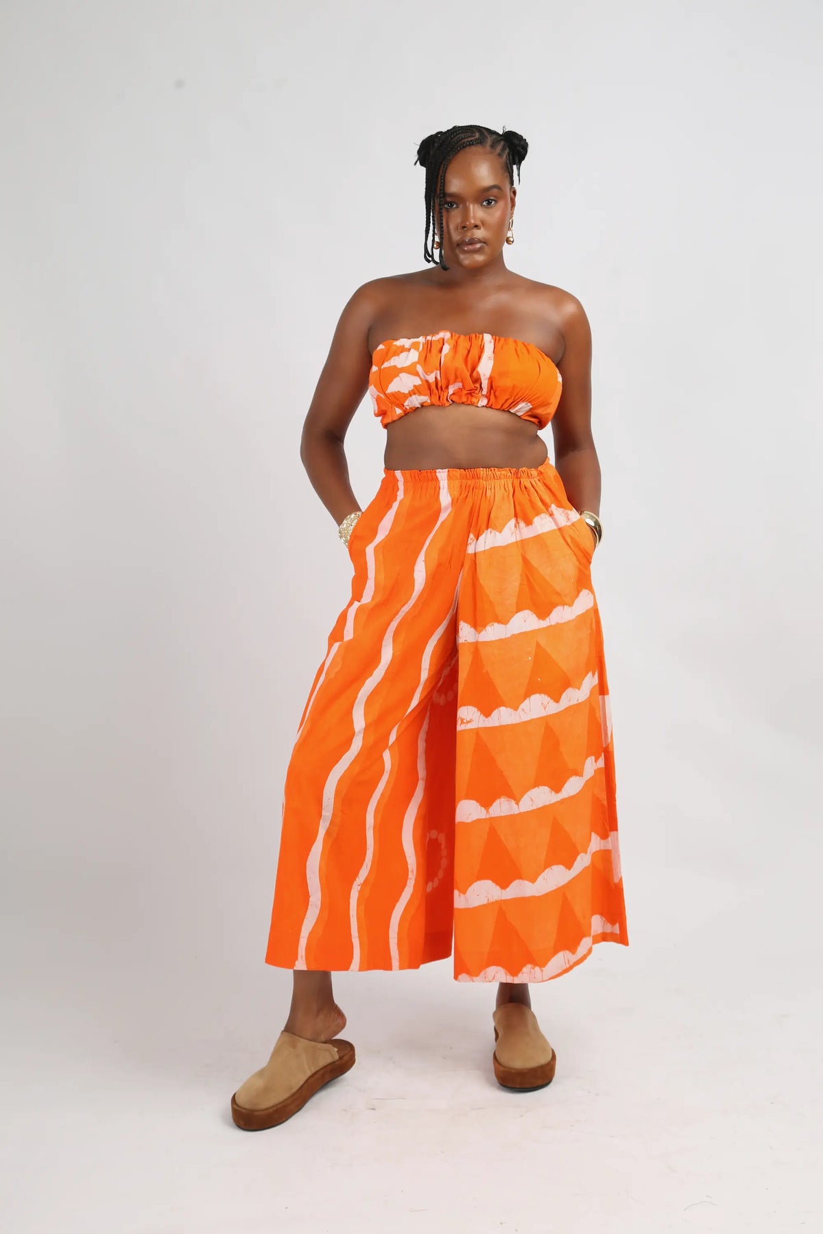 white and tangerine multiprint culottes