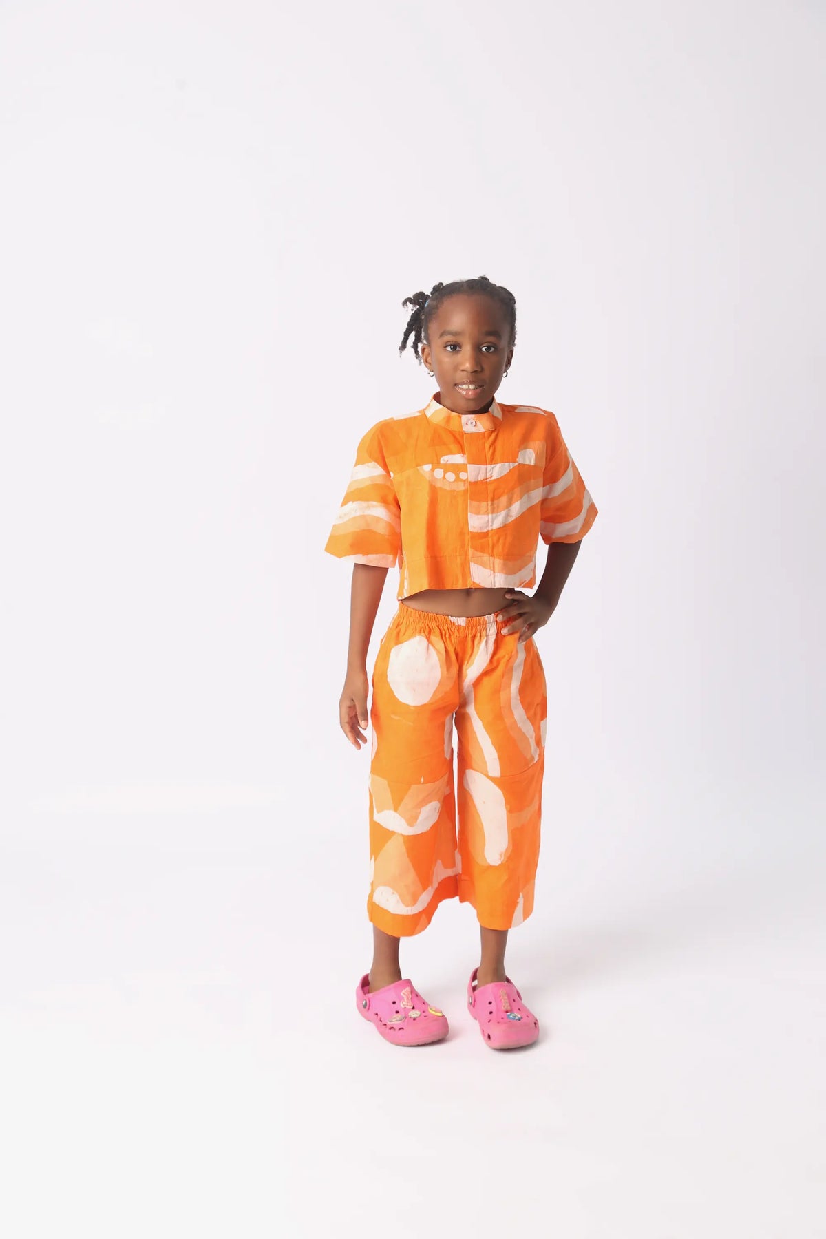 white and tangerine multiprint culottes