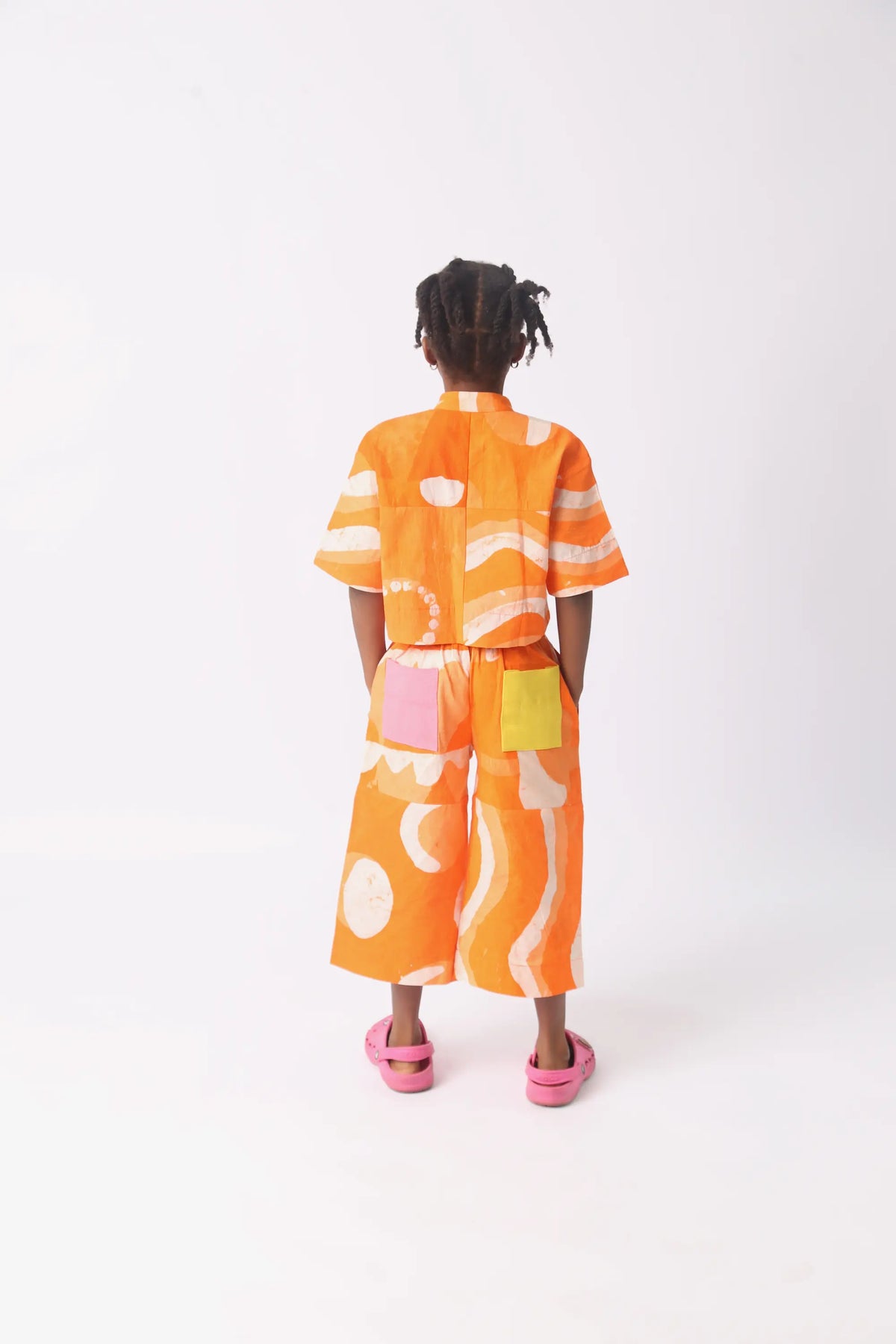 white and tangerine multiprint culottes