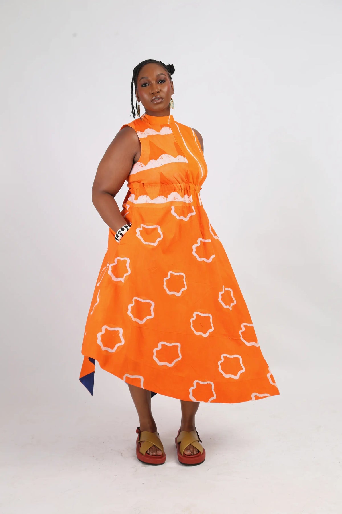 white and tangerine multiprint sleeveless midi iro dress